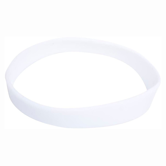 A white silicone wristband featuring a logo, designed for promotional use at events and exhibitions.
