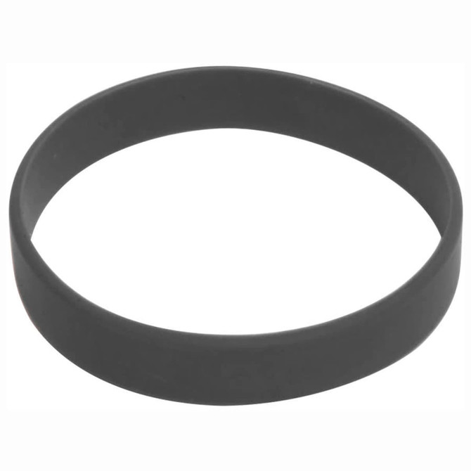 A black silicone wristband with a smooth finish and rounded edges, featuring a logo.