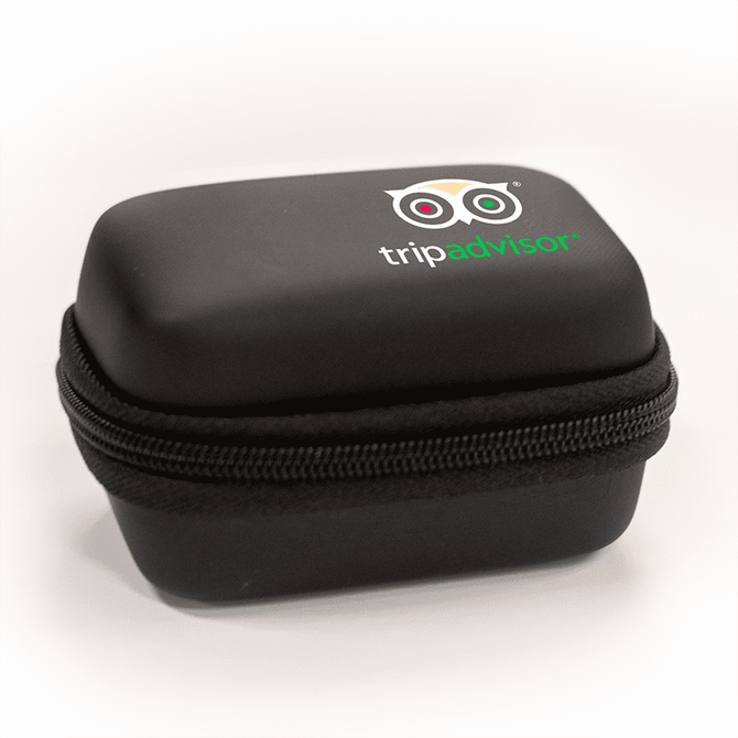 A black zippered case with a logo on the top, designed for travel accessories.