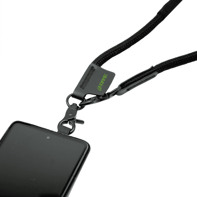 A black phone strap with a clip attachment, designed for holding a smartphone securely.