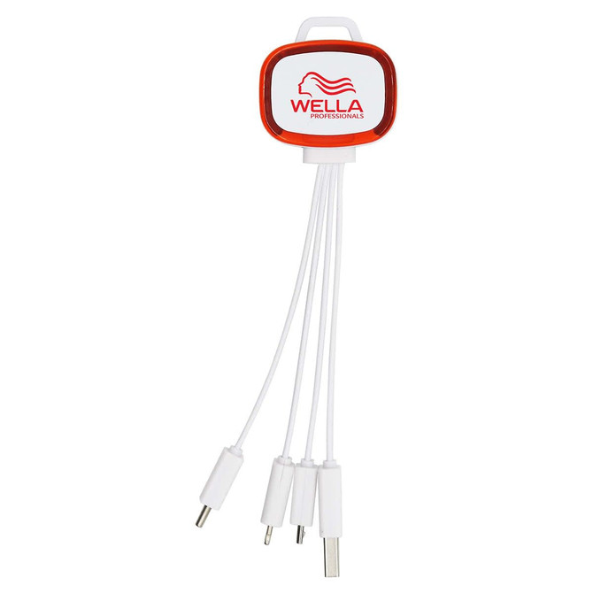 A white 4-in-1 charging cable with a red and white branded connector. It features multiple charging tips for devices.