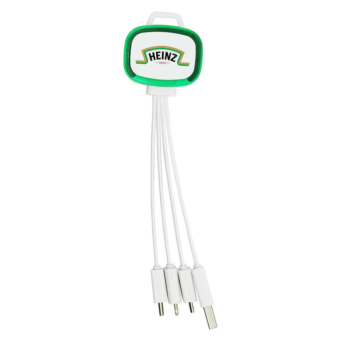 A white and green 4-in-1 charging cable with multiple connectors and a logo on the top.