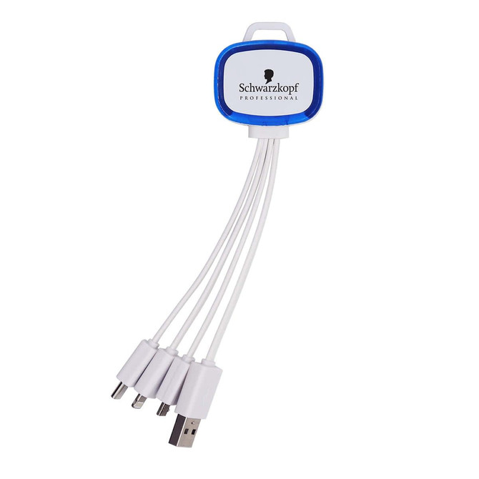 A multi-coloured charging cable with four connectors and a blue branding area at the top.
