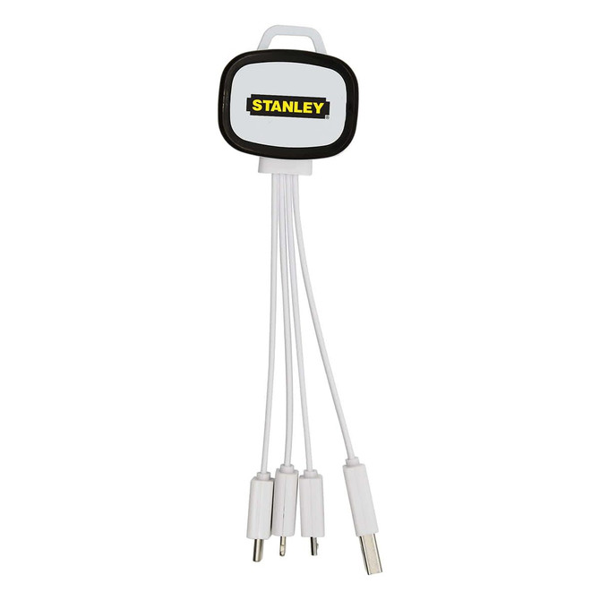 A black and white 4-in-1 charging cable featuring multiple connectors and a logo on the body.