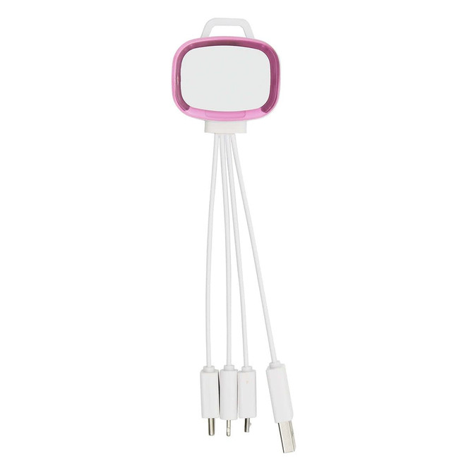 A pink and white 4-in-1 charging cable with multiple connectors for various devices. It includes a logo.