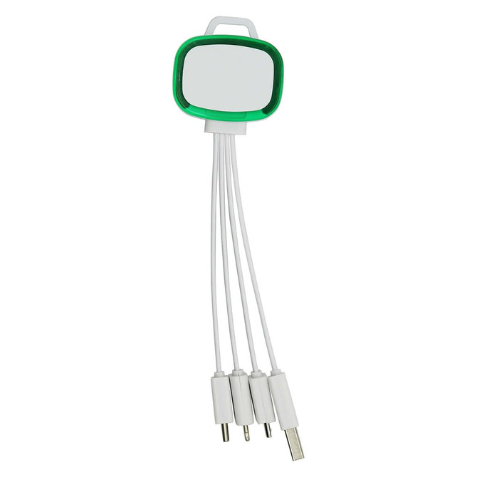 A green and white 4-in-1 charging cable with multiple connectors for various devices. It features a logo on the handle.