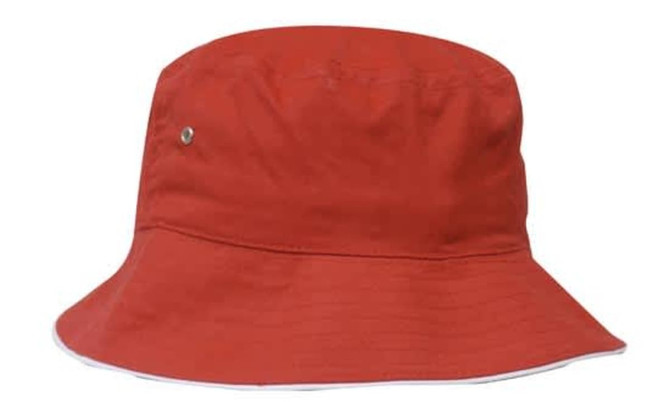 A red brushed sports twill bucket hat featuring a small logo detail. The hat has a wide brim for sun protection.
