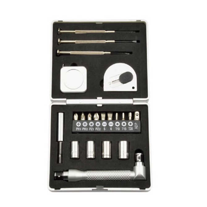 A compact tool set in a grey case featuring various screwdrivers, sockets, and accessories. Includes a logo.