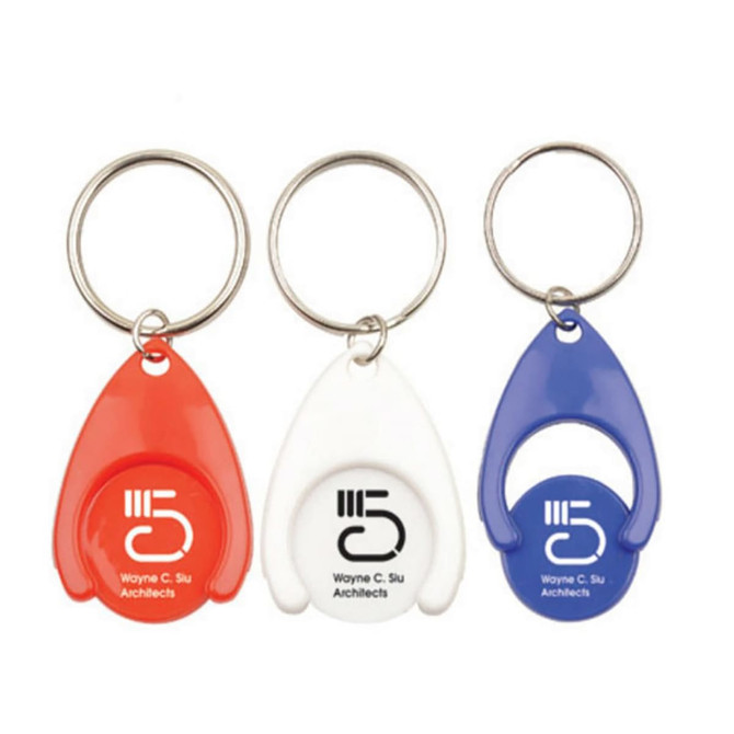 Key tags in red, white, and blue with circular keyring attachments; each tag features a logo.