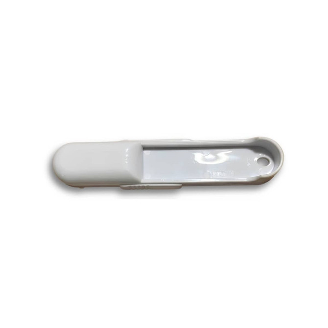 A white measuring scoop with a long handle and a rounded end, designed for measuring dry ingredients.