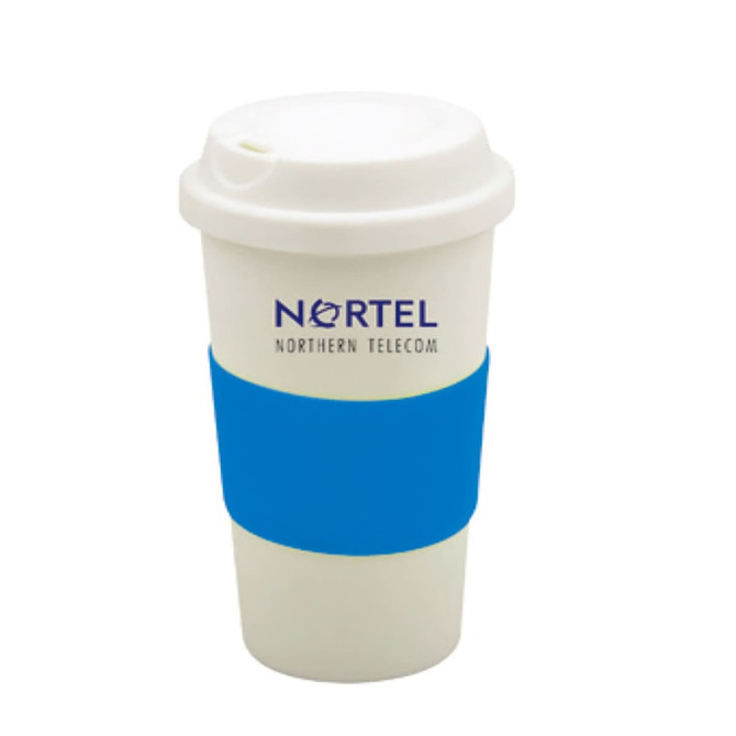 A white coffee cup with a blue silicone sleeve and a logo on the front. It features a secure lid.