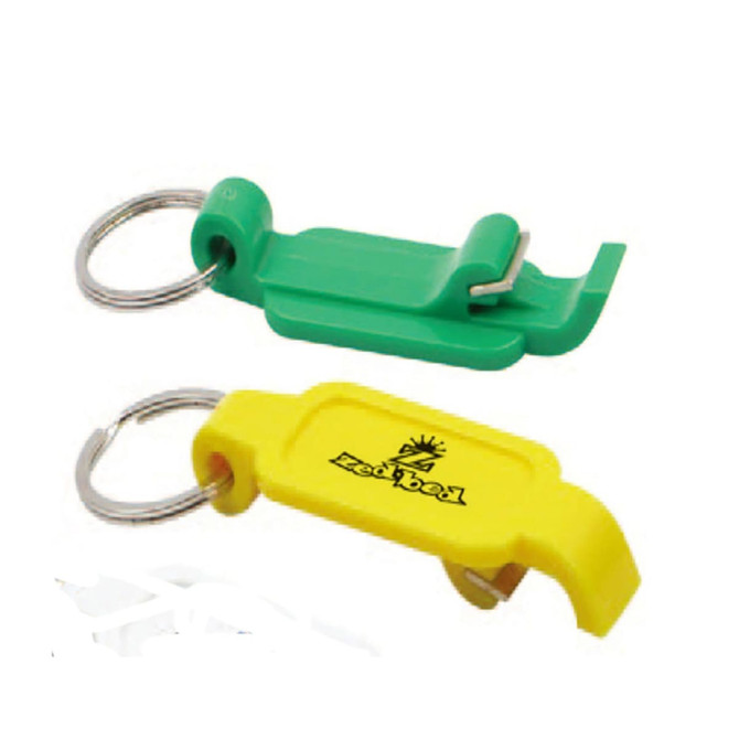 A drink bottle opener in green and yellow, featuring a keyring attachment and a logo.