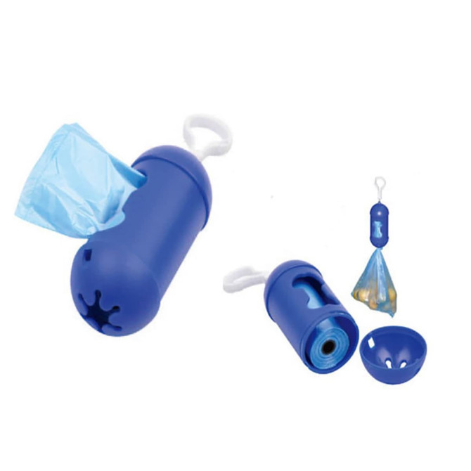 A blue garbage bag holder with 15 blue bags, featuring a top opening and a hook for attachment.