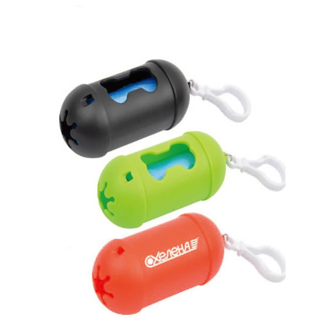 A black, green, and orange garbage bag holder with a clip, each containing rolls of garbage bags.