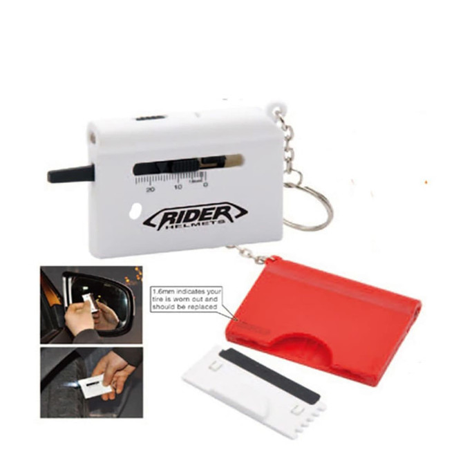 A white tyre trend measurement tool with a keyring attachment and a red plastic case, featuring a logo.
