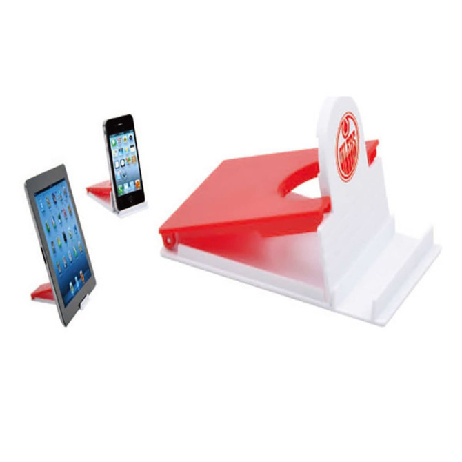 A red and white mobile holder featuring slots for a tablet and smartphone, with a logo on the main piece.