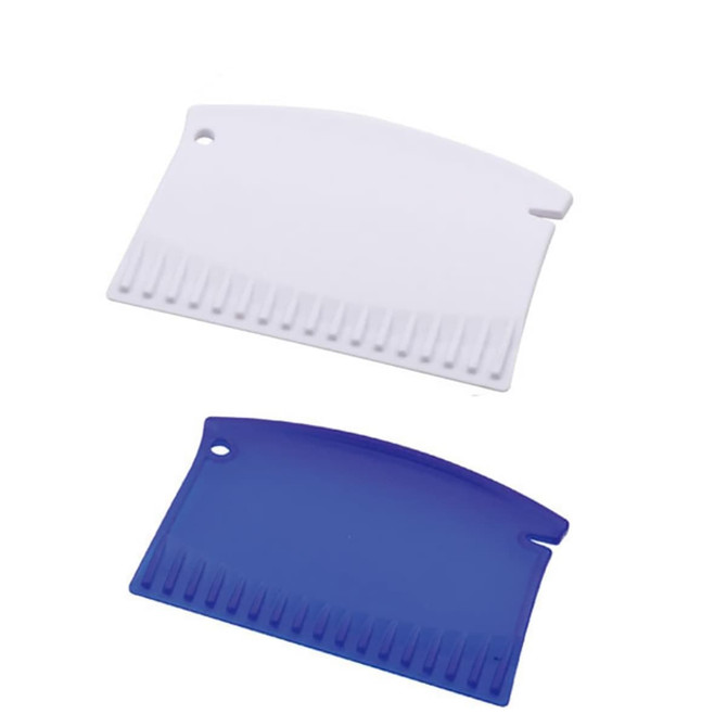 A white and a blue ice scraper tool, both featuring a hole for attachment, with a textured edge for scraping.