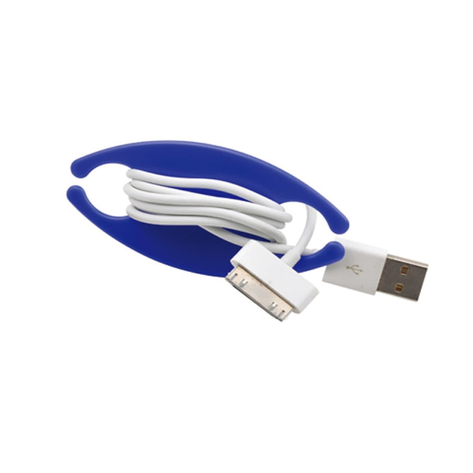 A blue cable organiser with a neatly wound white charging cable and USB connector attached.