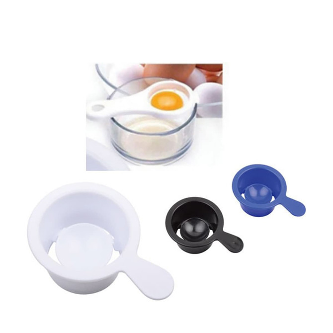 A set of egg yolk separators in white, black, and blue, featuring a handle and a bowl-shaped design.
