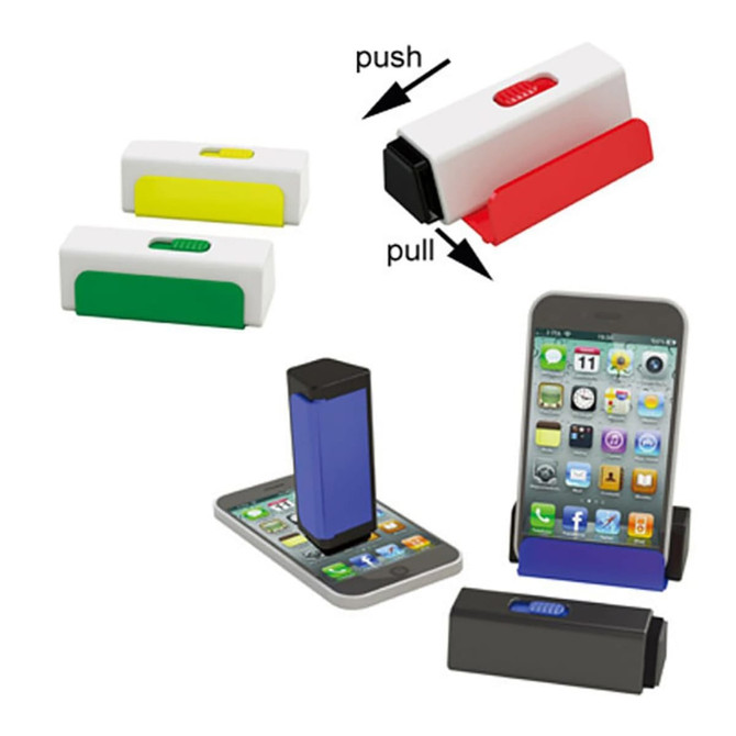 A mobile stand in white, green, and yellow with a screen cleaner, featuring various angles and a phone displayed.