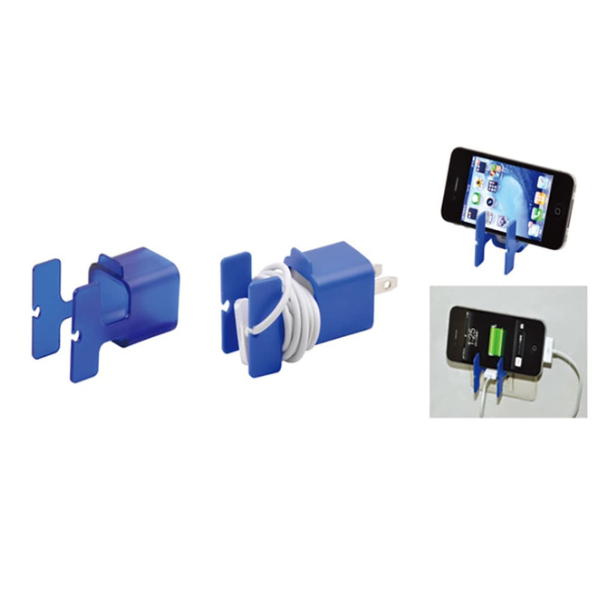 A blue cable organiser designed to tidy phone cables, featuring multiple components for neat storage and management.