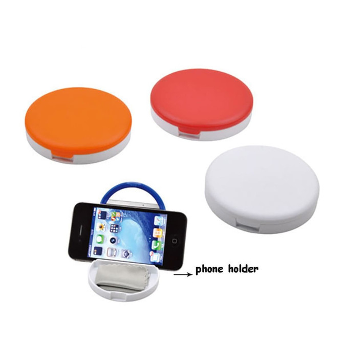 Three round mobile stands in orange, red, and white, with an attached phone holder. Features a branding logo.