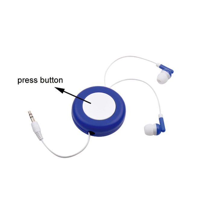 Blue earbuds in a case with a press button, featuring white earbuds and a 3.5mm audio jack.