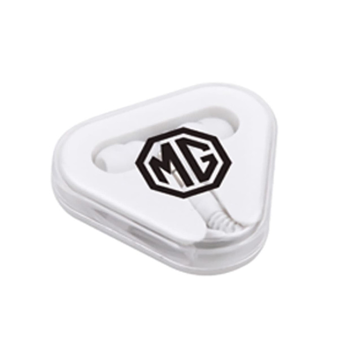 White earbuds housed in a triangular case with a logo on the front.
