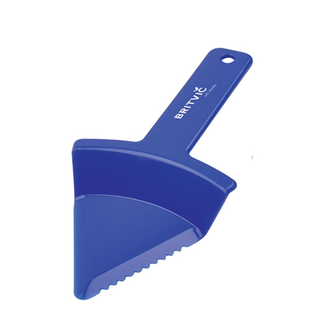 A blue cake cutter with a serrated edge and a handle, designed for slicing and serving cakes. It features a logo.