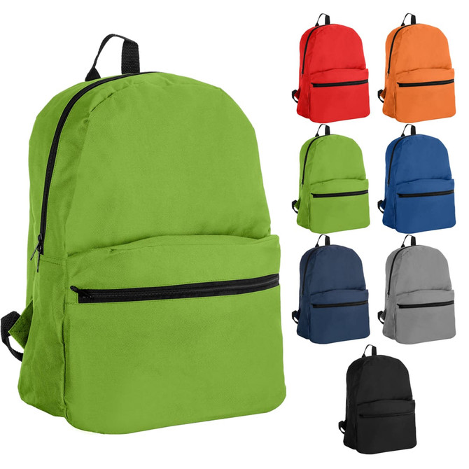 A green backpack with a front pocket, displayed alongside backpacks in red, orange, blue, grey, black, and dark blue.