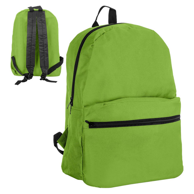 A bright green backpack with a front zip pocket and black straps. It features a logo on the side.