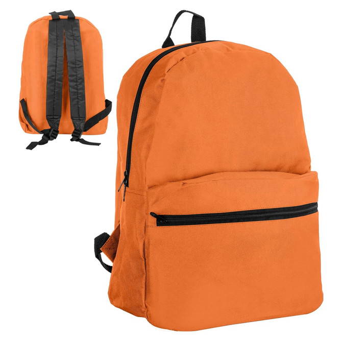 An orange backpack with black straps and a front pocket, featuring a branding logo.