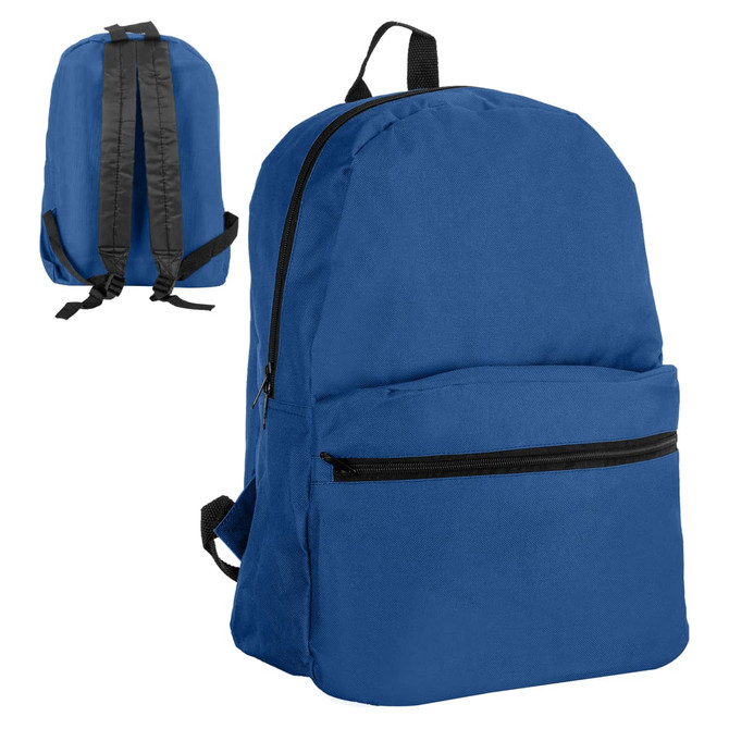 A blue backpack featuring a front zip pocket and black straps, with an additional view of the back.