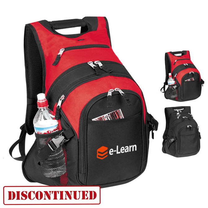 A red and black backpack featuring multiple compartments, a mesh side pocket, and a logo.