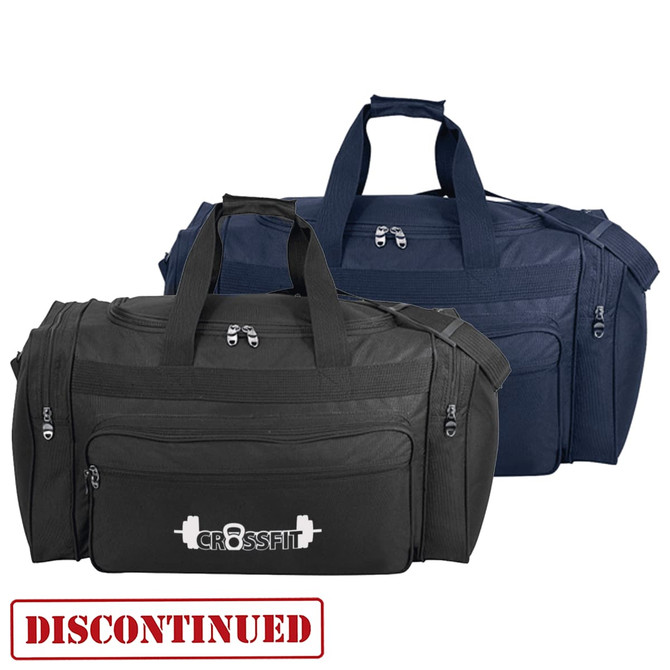 Two duffle bags in black and navy blue, each with a logo, featuring top handles and zippered pockets.