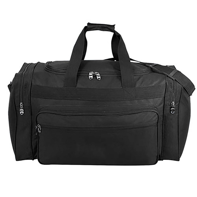 A black duffle bag with multiple zippered compartments and sturdy handles, featuring a shoulder strap and a logo.