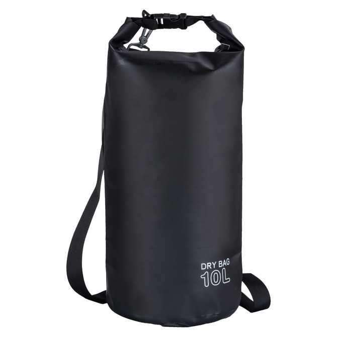 A black 10L dry sack with a shoulder strap and a logo. Suitable for waterproof storage.