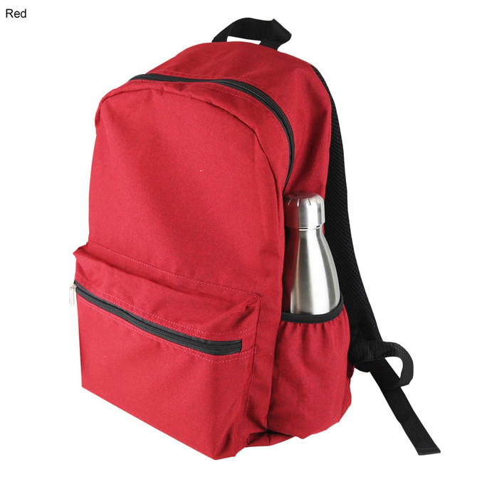 A red backpack with a front pocket and a drink bottle in the side holder. It features a logo.