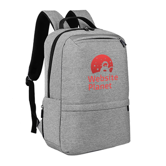 A grey laptop backpack with adjustable straps and a logo, featuring multiple compartments for storage.