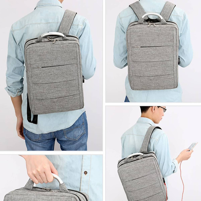 A grey laptop backpack features multiple compartments and a logo, shown from various angles on a person.