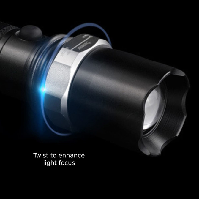 A black torch with a twistable head for light focus, featuring a silver accent and a logo.