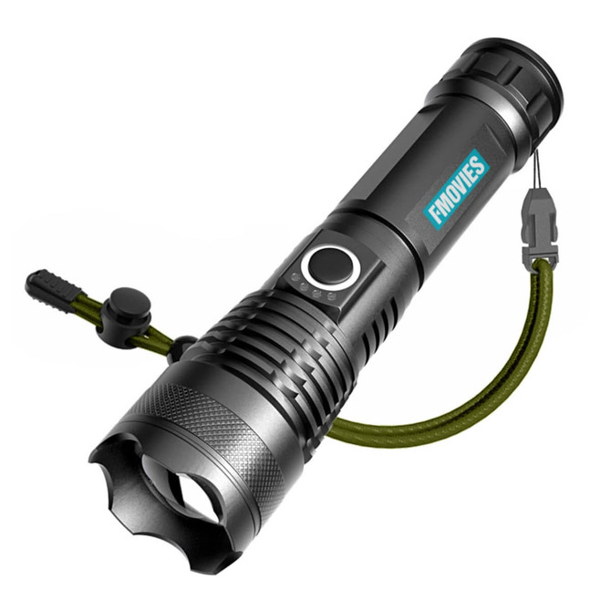 A black outdoor torch with a textured body, a green lanyard, and a control button. It features a logo on the side.