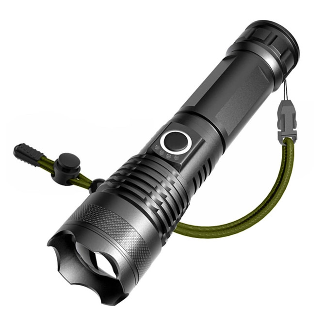 A black outdoor torch with a green lanyard, featuring a textured grip and an adjustable beam.