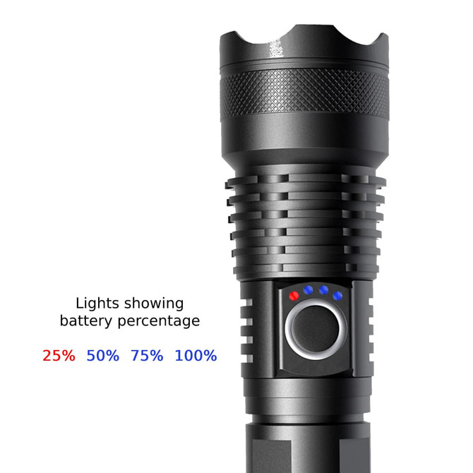 A black outdoor torch with battery indicator lights and a textured grip. It features a circular control button.