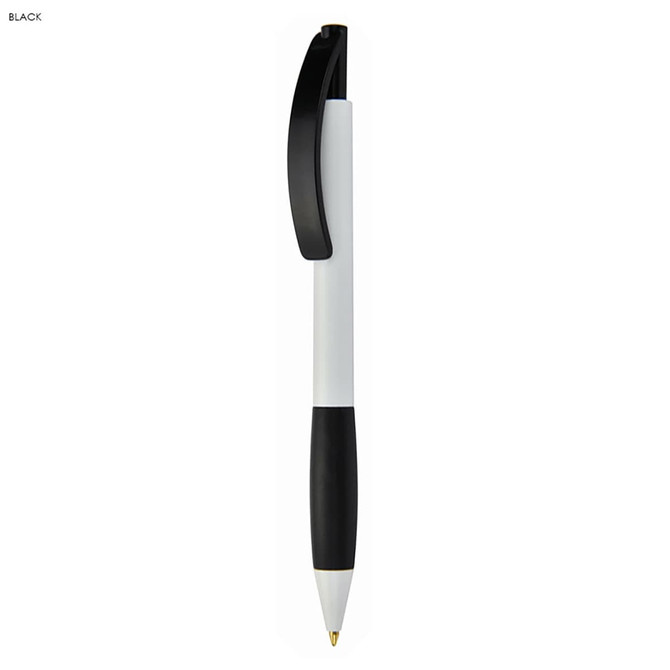 A plastic pen in white with black grip and clip, featuring a logo on the barrel.