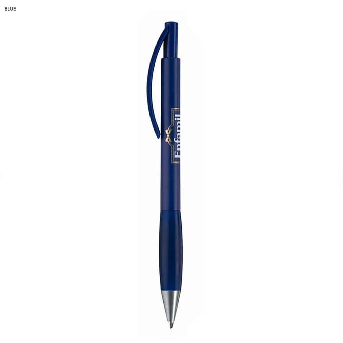 A blue metal pen featuring a clip and a branded logo on the barrel.