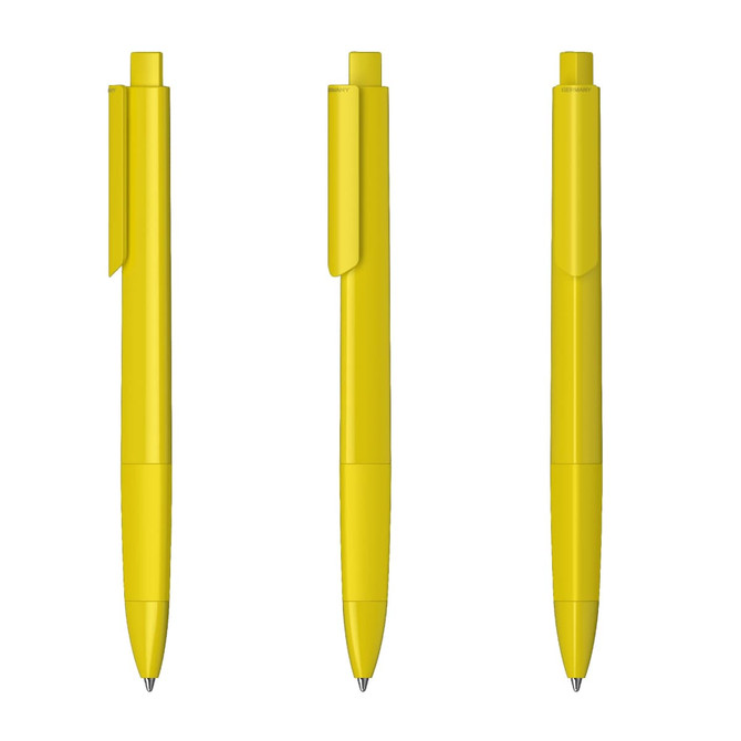 A set of three yellow plastic pens with a glossy finish and clip design. Each pen features a sleek look.