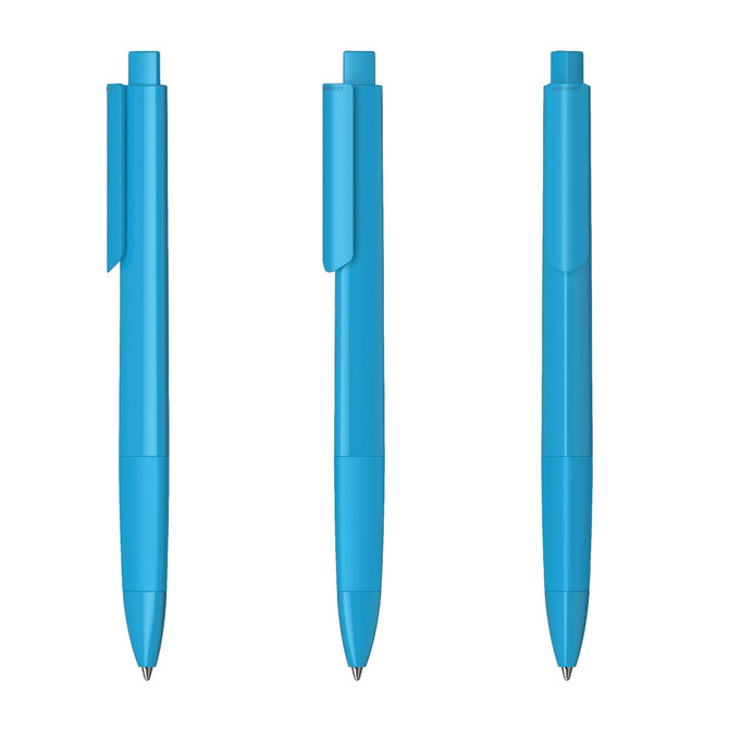 Three blue plastic pens with a glossy finish, featuring a simple design and clip on the side.