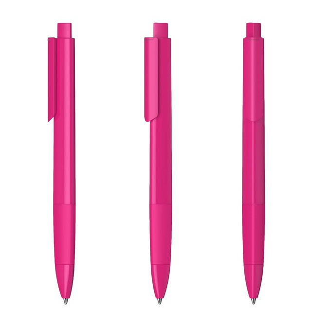 Three pink plastic pens with a glossy finish and clip. Each pen has a distinct position.