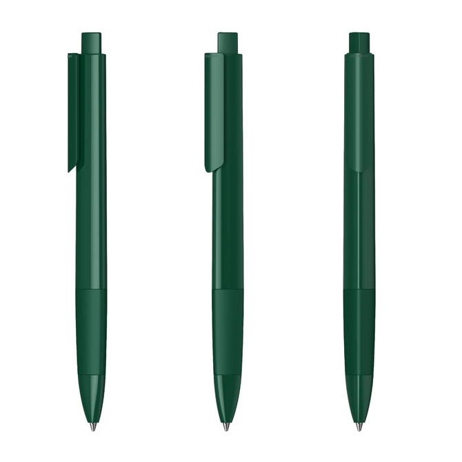 A collection of green plastic pens with a glossy finish and clips. The pens are displayed in three positions.